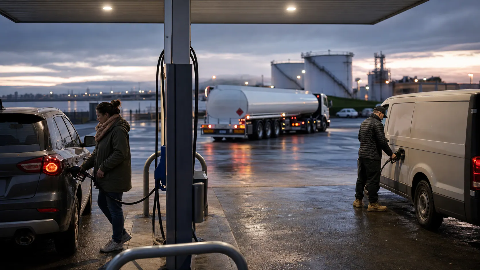 Unbranded New Zealand petrol station and tanker at dusk