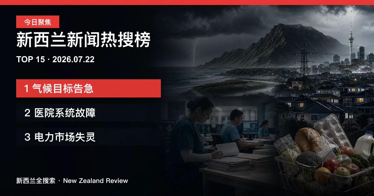 新西兰新闻热搜榜TOP15｜2026年7月22日｜气候目标告急、医院系统故障、电力市场失灵 正式新闻封面图
