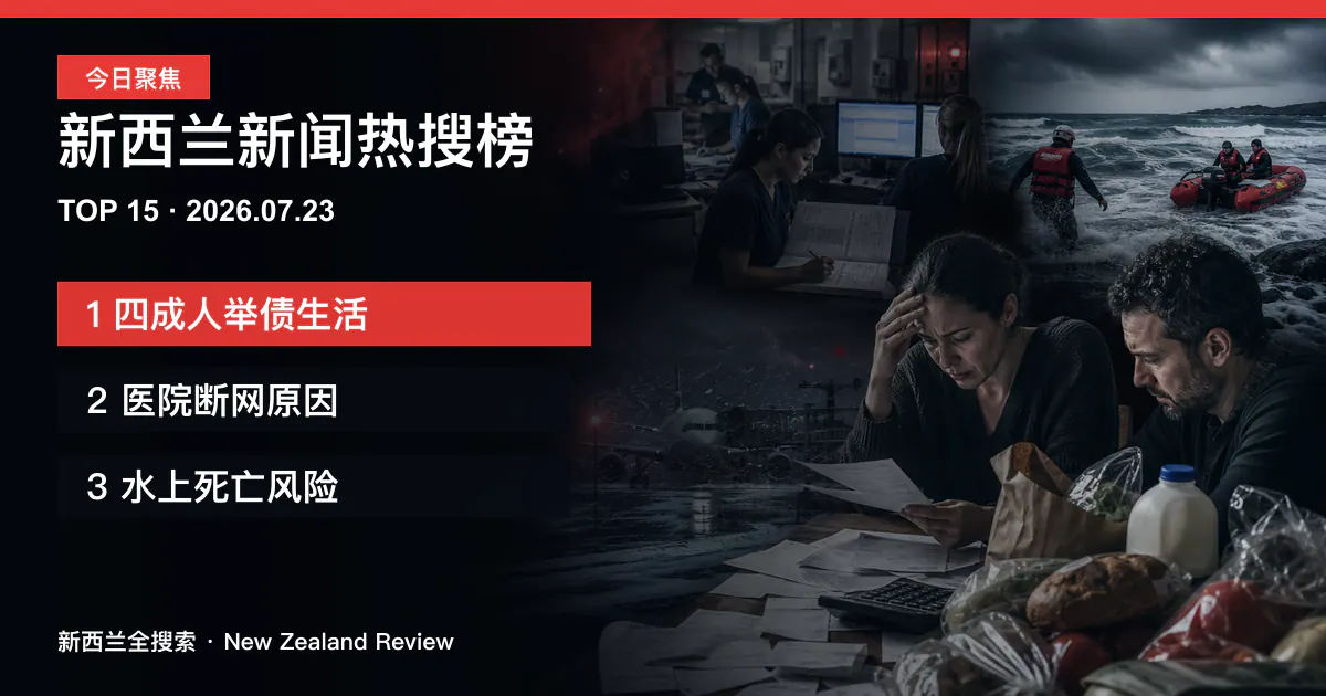 新西兰新闻热搜榜TOP15｜2026年7月23日｜四成人举债生活、医院断网原因、水上死亡风险