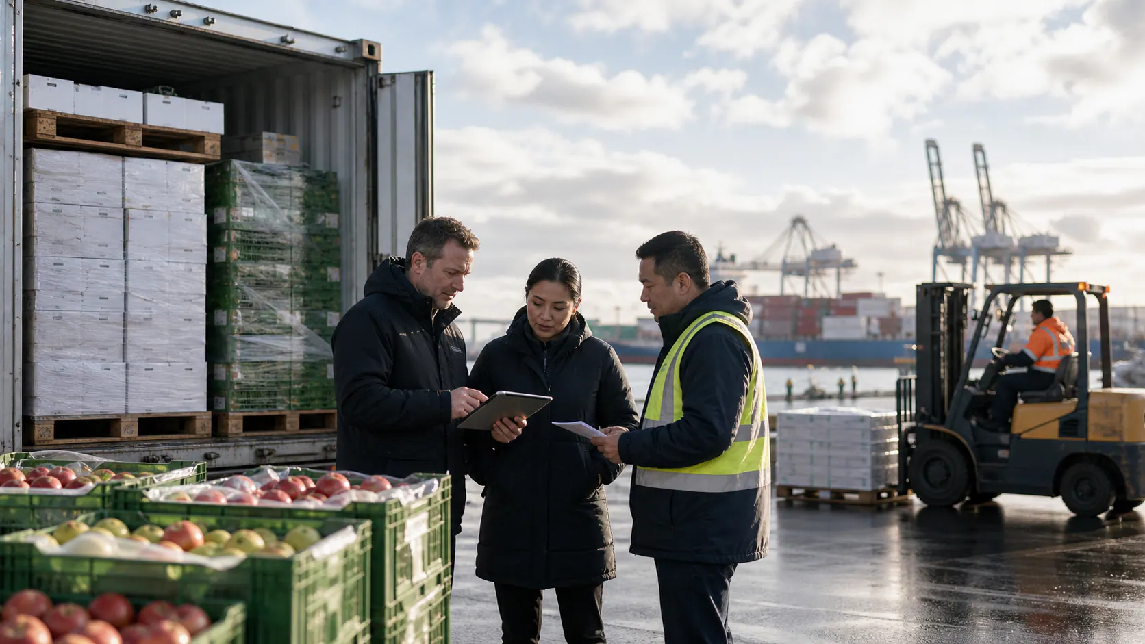 New Zealand export produce and logistics workers at an unbranded port