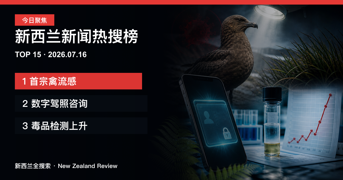 新西兰新闻热搜榜TOP15｜2026年7月16日｜首宗禽流感、数字驾照咨询、毒品检测上升 正式新闻封面图