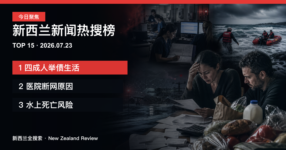 新西兰新闻热搜榜TOP15｜2026年7月23日｜四成人举债生活、医院断网原因、水上死亡风险