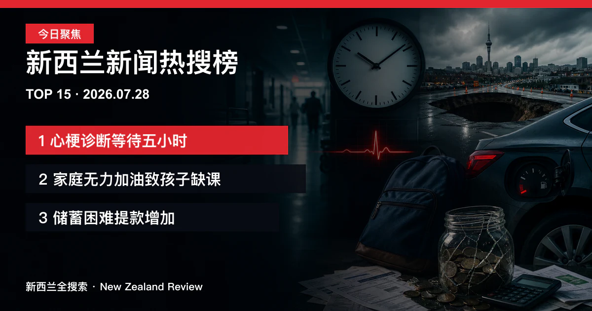 新西兰新闻热搜榜TOP15｜2026年7月28日｜心梗诊断等待五小时、家庭无力加油致孩子缺课、储蓄困难提款增加 正式新闻封面图