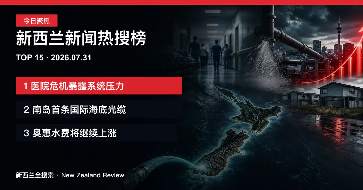 新西兰新闻热搜榜TOP15｜2026年7月31日｜医院危机暴露系统压力、南岛首条国际海底光缆、奥惠水费将继续上涨 正式新闻封面图