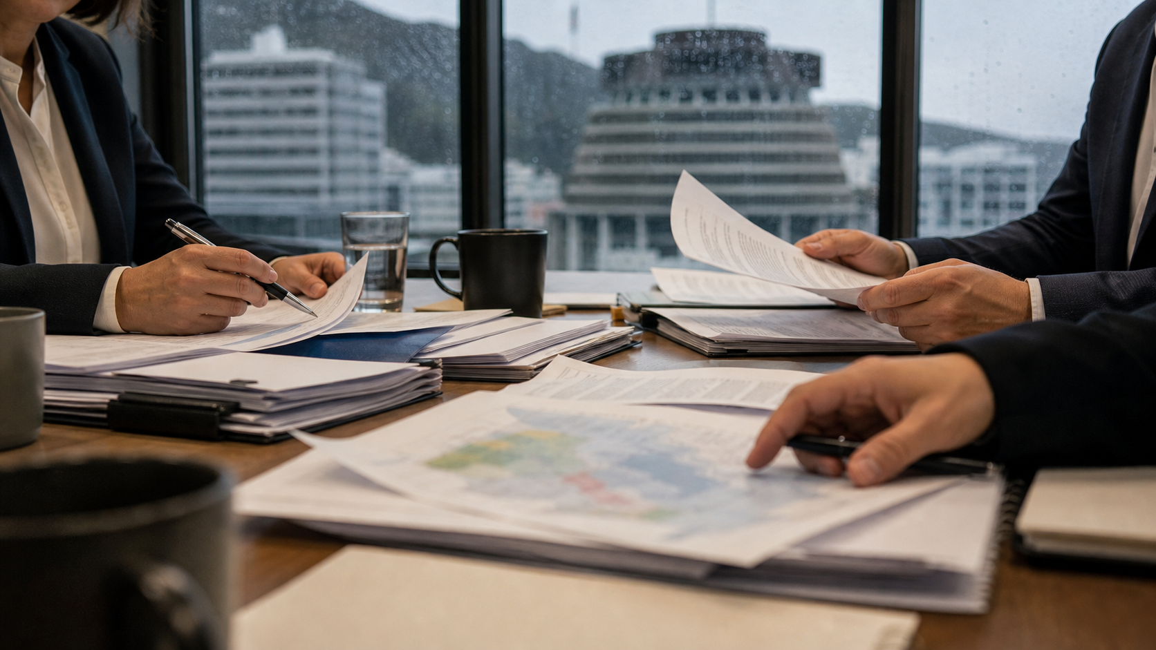Officials review climate-related briefing papers in a Wellington office