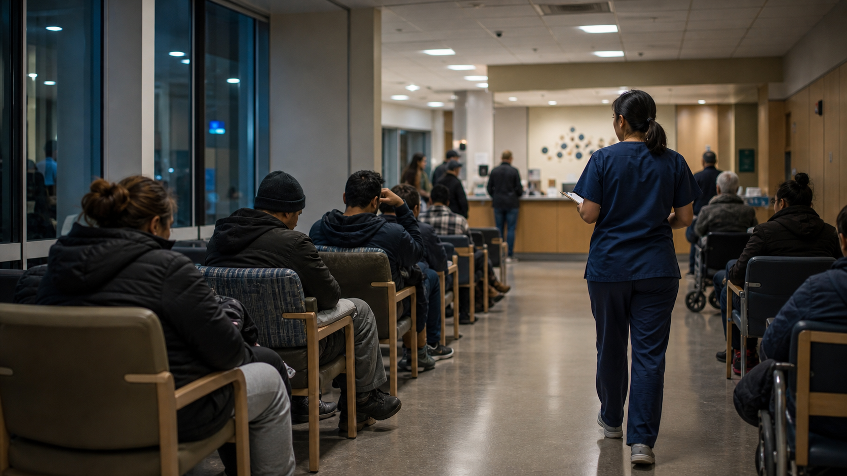 A hospital emergency department waiting room late at night