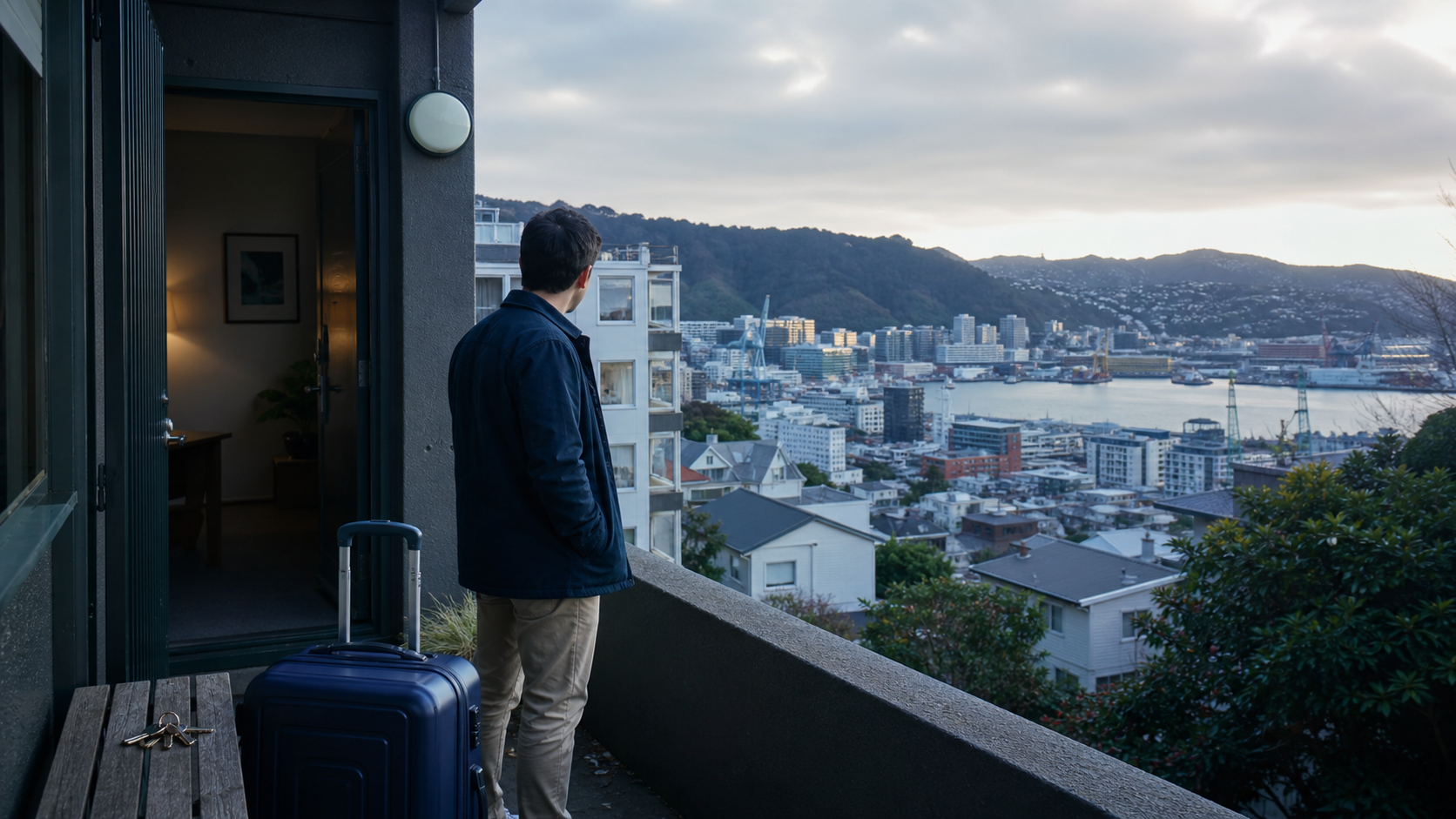Wellington apartment balcony with suitcase and harbour view in winter light
