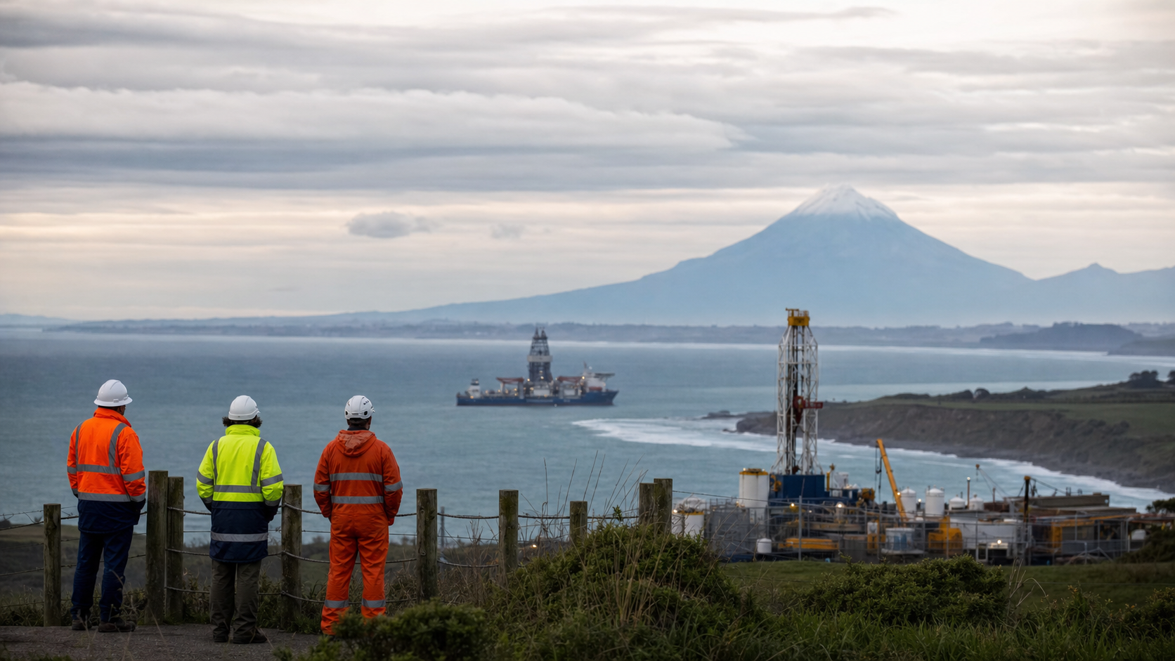 Taranaki coastal energy scene with workers looking toward offshore equipment