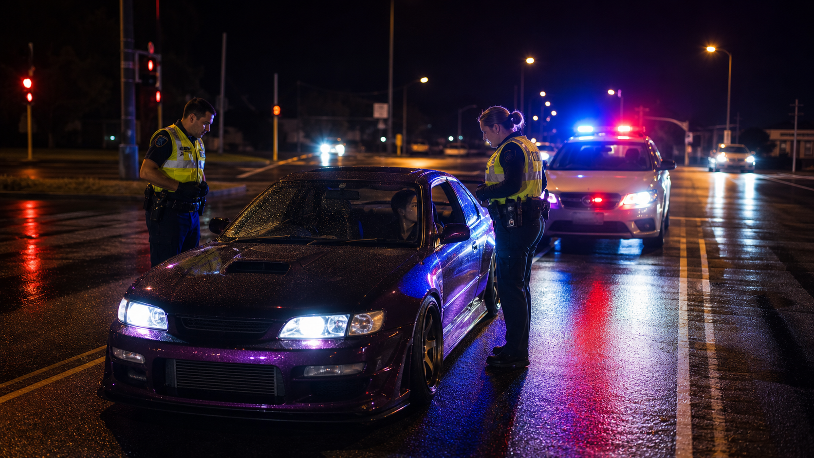 New Zealand police speaking with a driver beside a modified car at night