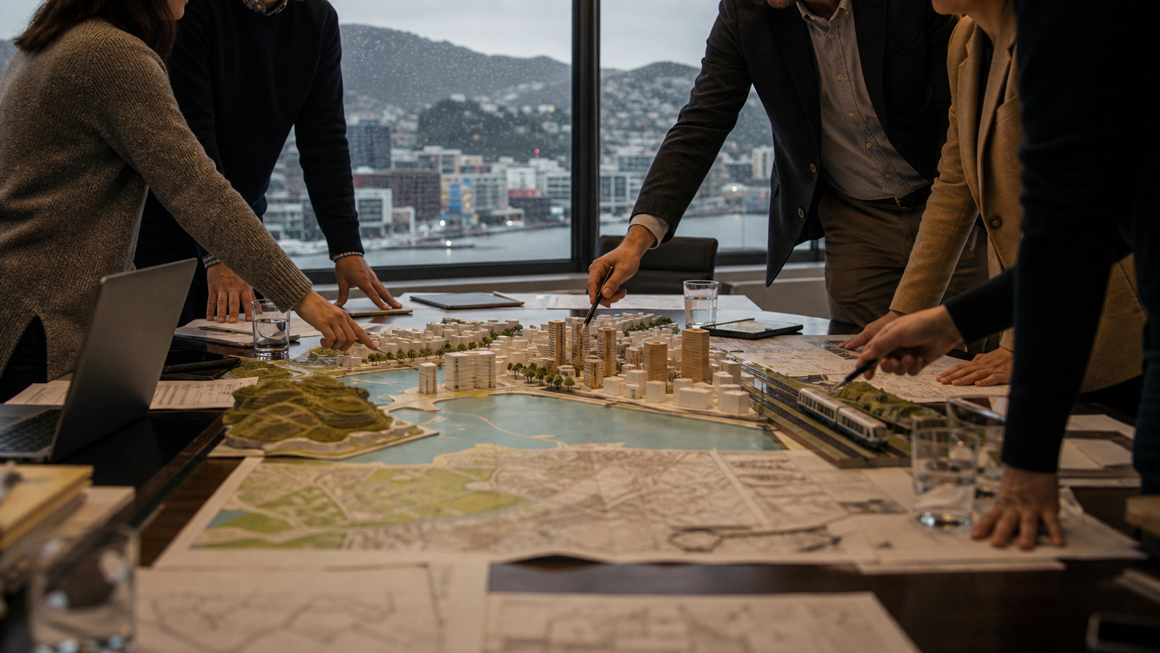 Officials and planners work over a city model in Wellington