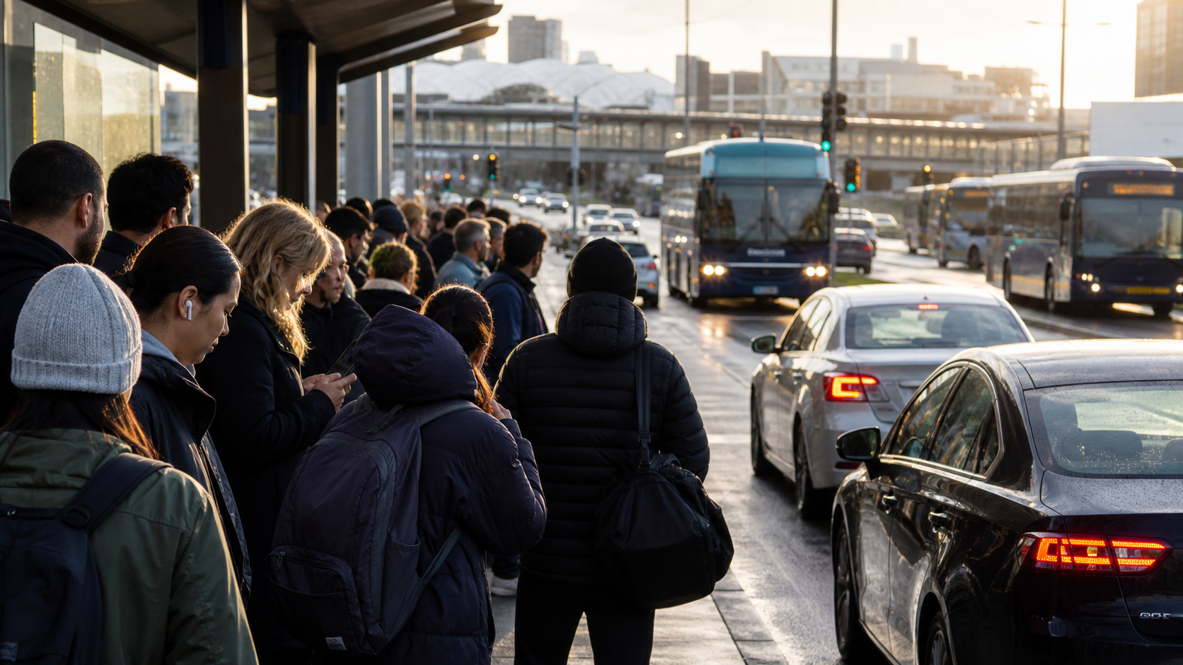 Auckland commuters waiting beside congested traffic at a bus interchange