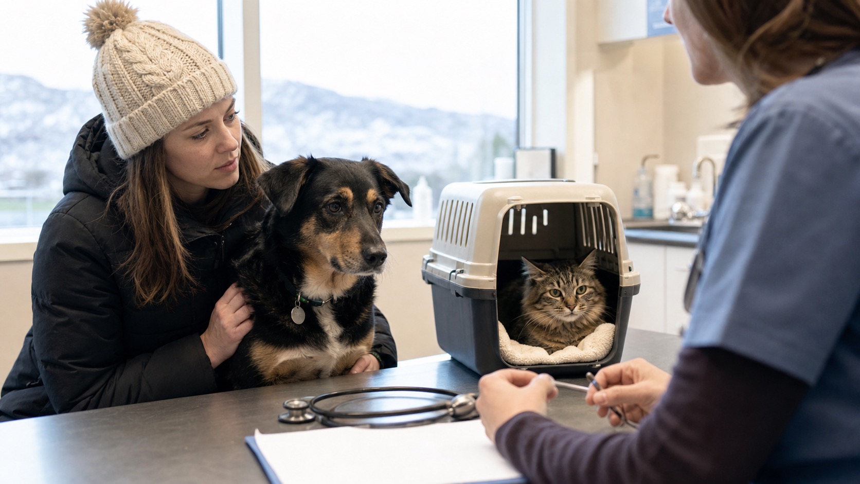 新西兰兽医诊室里主人带着猫狗咨询医疗账单和预算