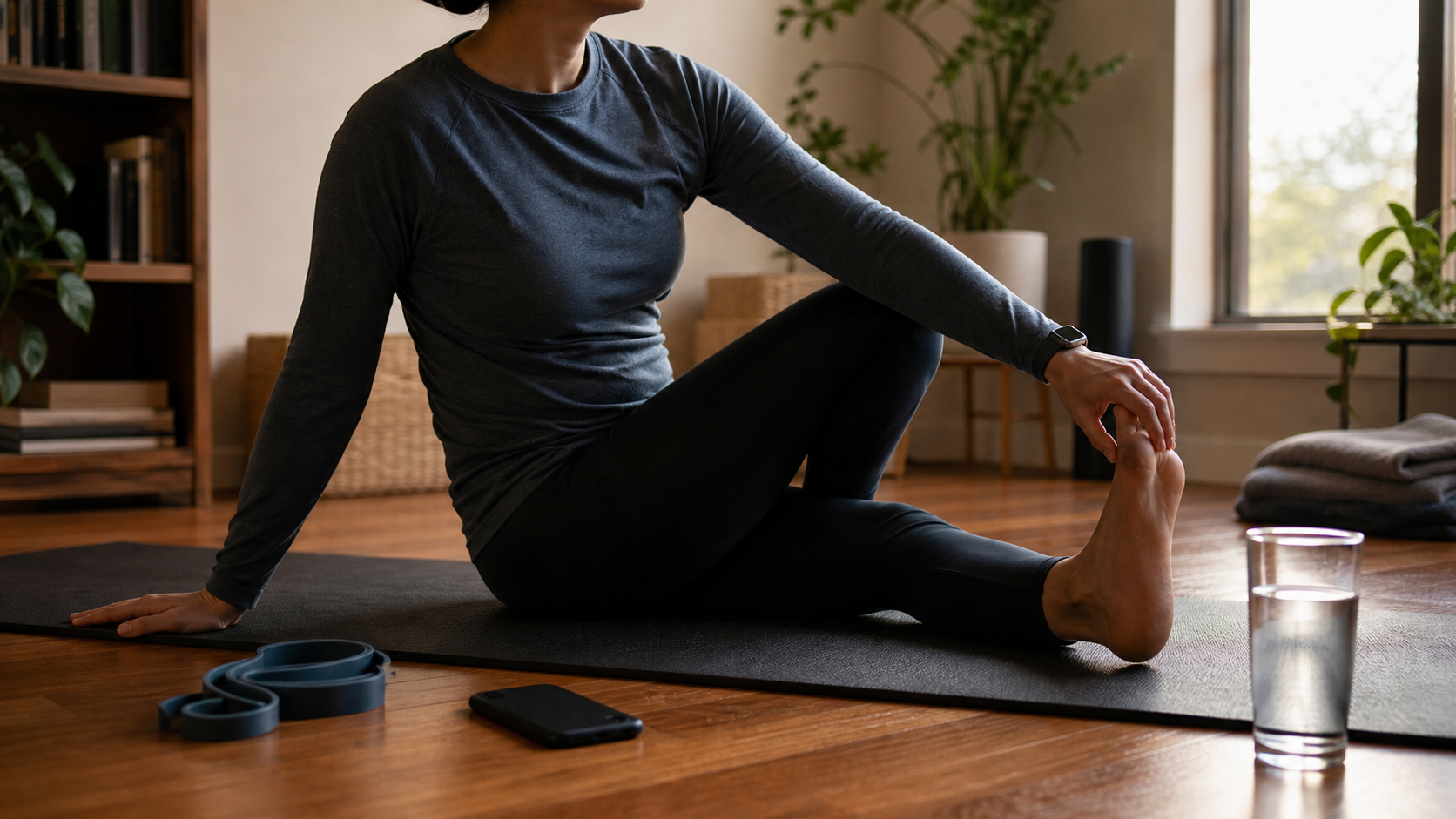 A person stretches on a mat while listening to a podcast through earbuds