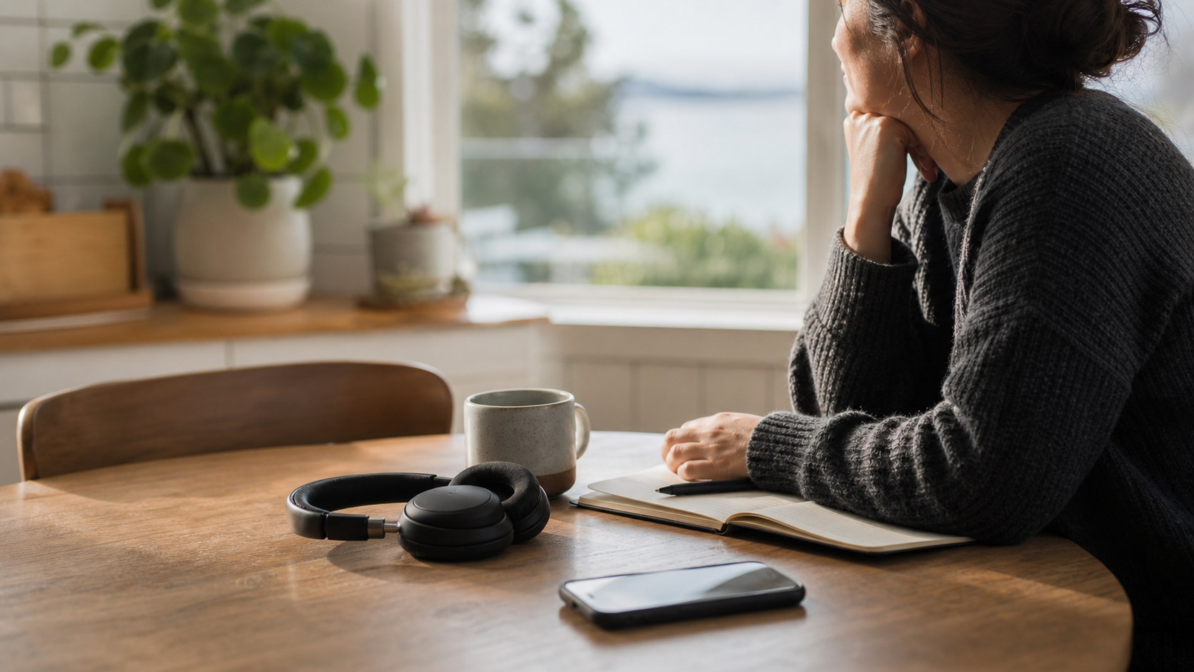 A quiet morning podcast listening setup with headphones and notebook
