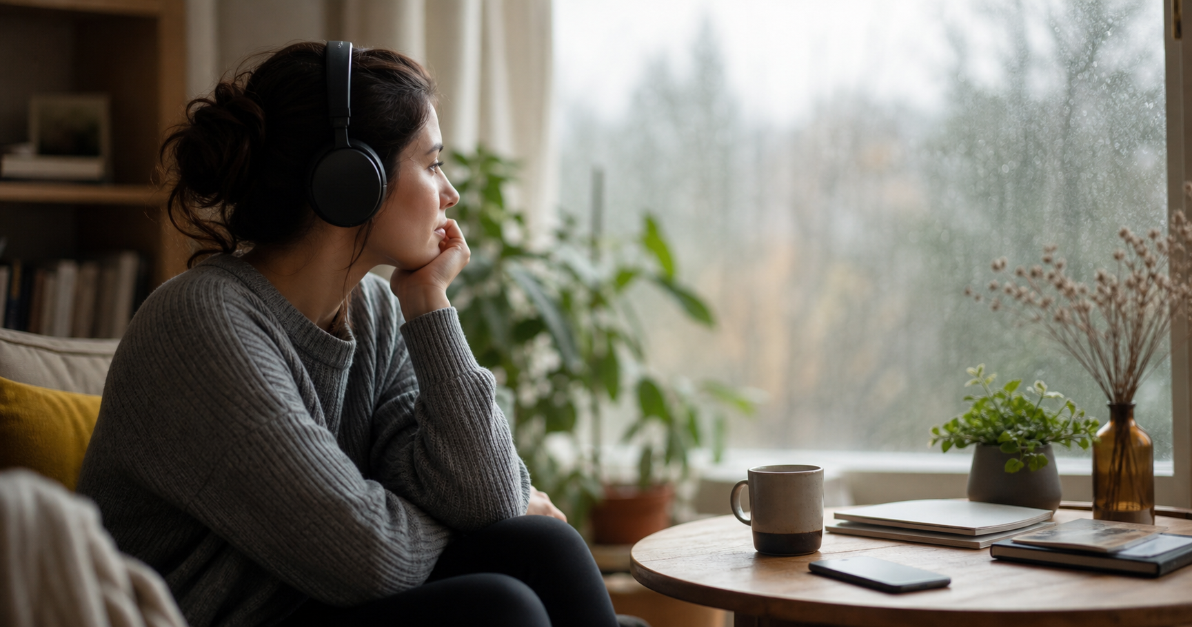 Person wearing headphones in a quiet living room beside a rainy window