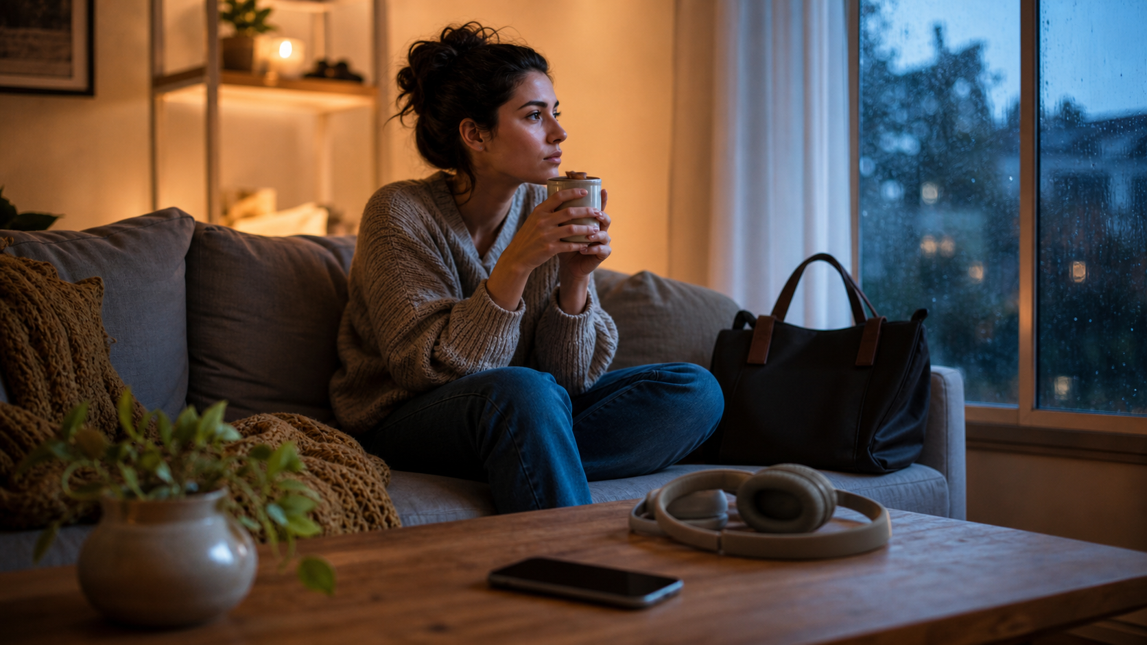 Person unwinding at home beside headphones and a phone after work