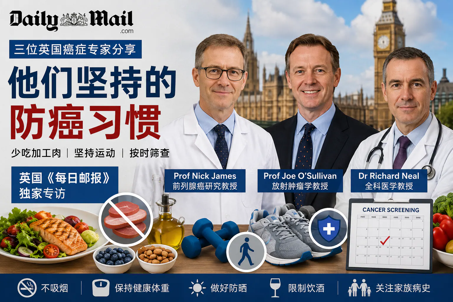 三位英国癌症专家分享日常防癌习惯：少吃加工肉、坚持运动、按时筛查