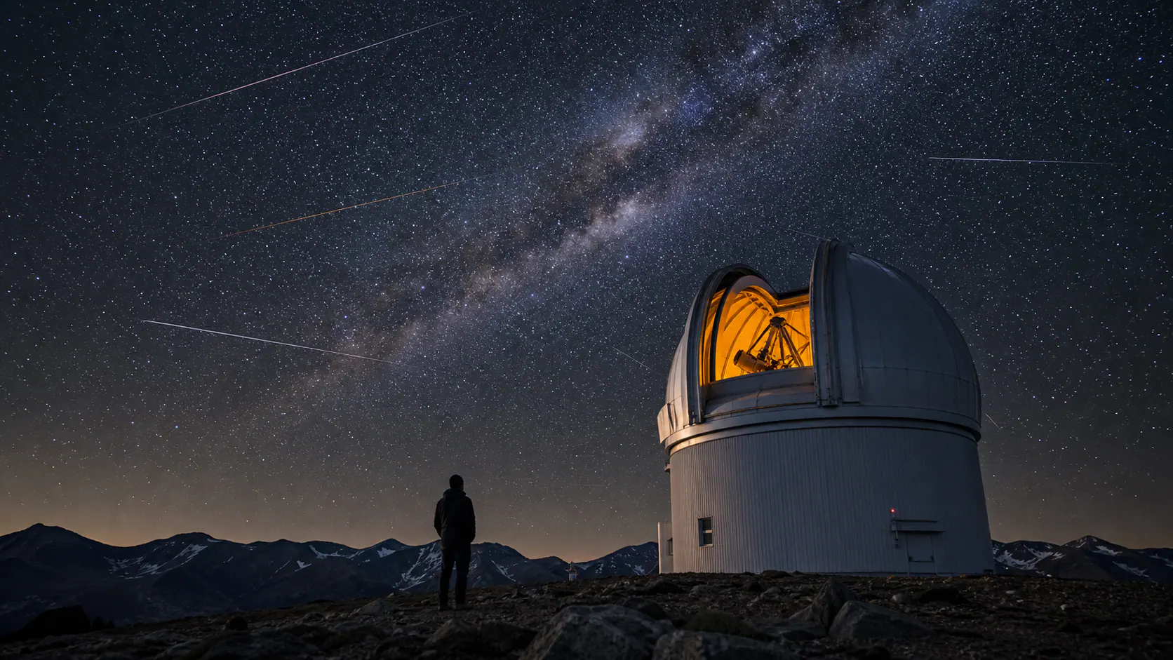 Remote observatory under a starry sky crossed by faint satellite trails