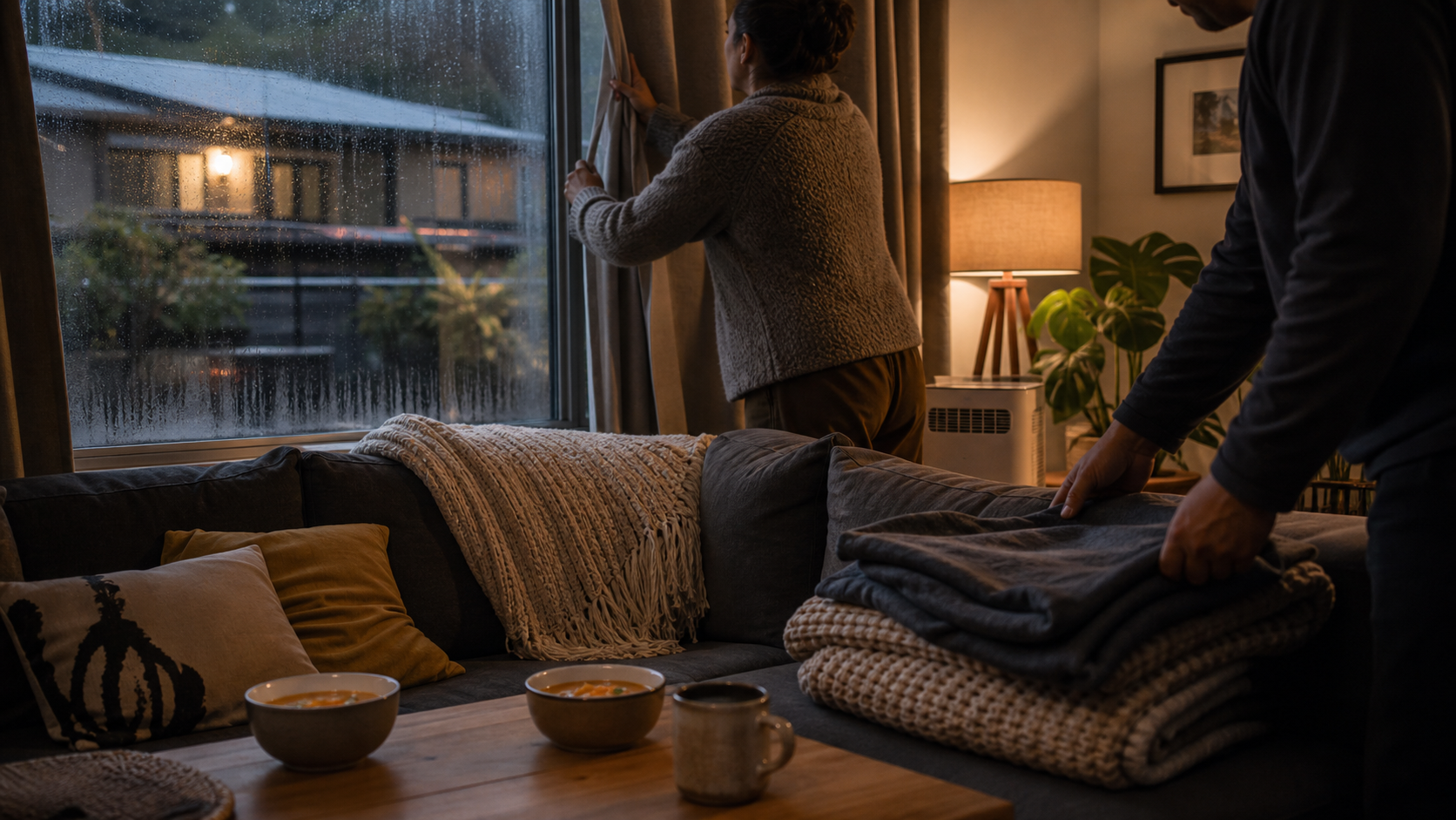 Hands close curtains and fold blankets in a warm Aotearoa living room