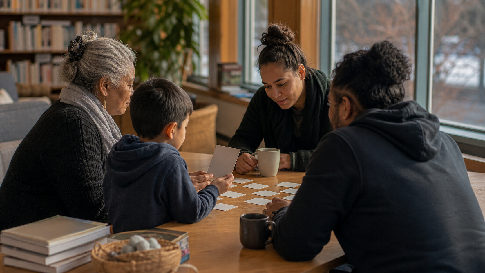 A warm Aotearoa community room language-learning moment without written words