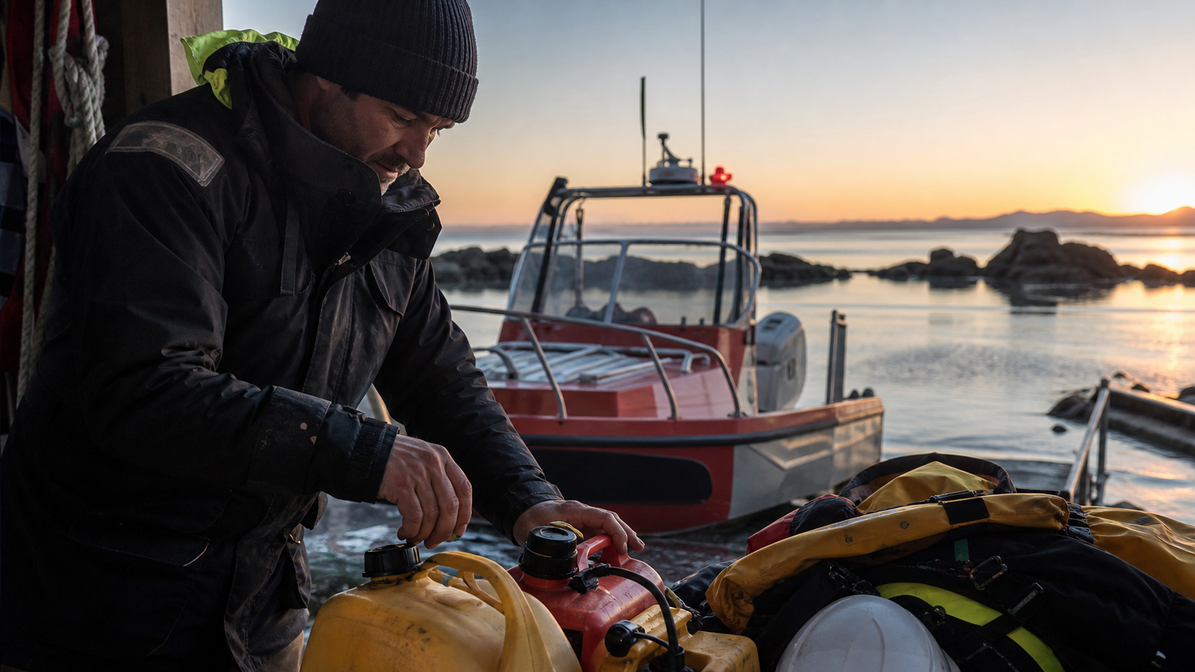 Volunteer checking unbranded fuel cans and rescue gear beside a coastal boat at dawn