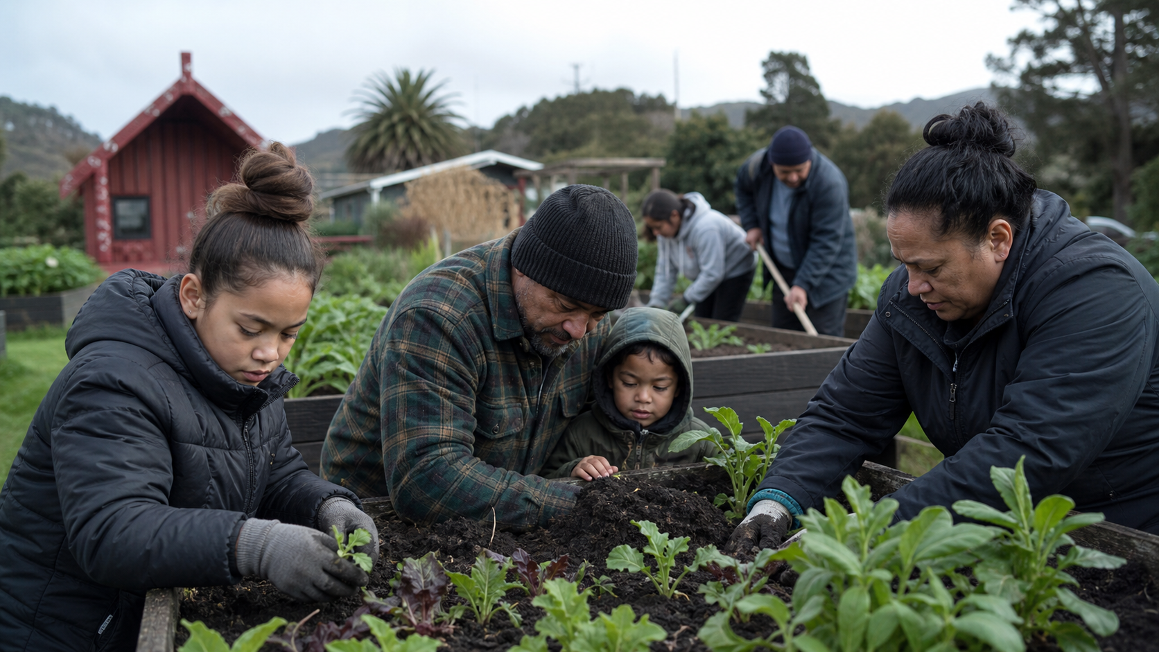 He whānau e mahi tahi ana i te māra kai i te wā makariri