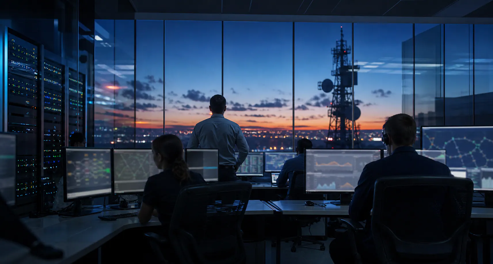 Telecom network operations room with engineers monitoring blurred screens and a tower at dusk