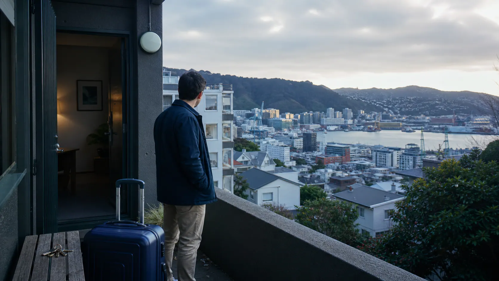 Wellington apartment balcony with suitcase and harbour view in winter light