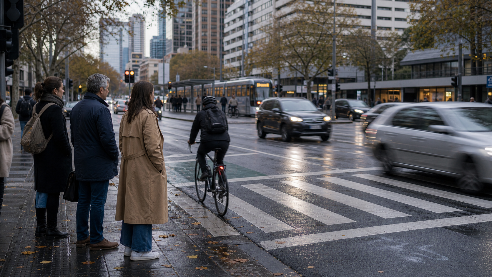 Pedestrians, cyclist and slow traffic on an Australian city street
