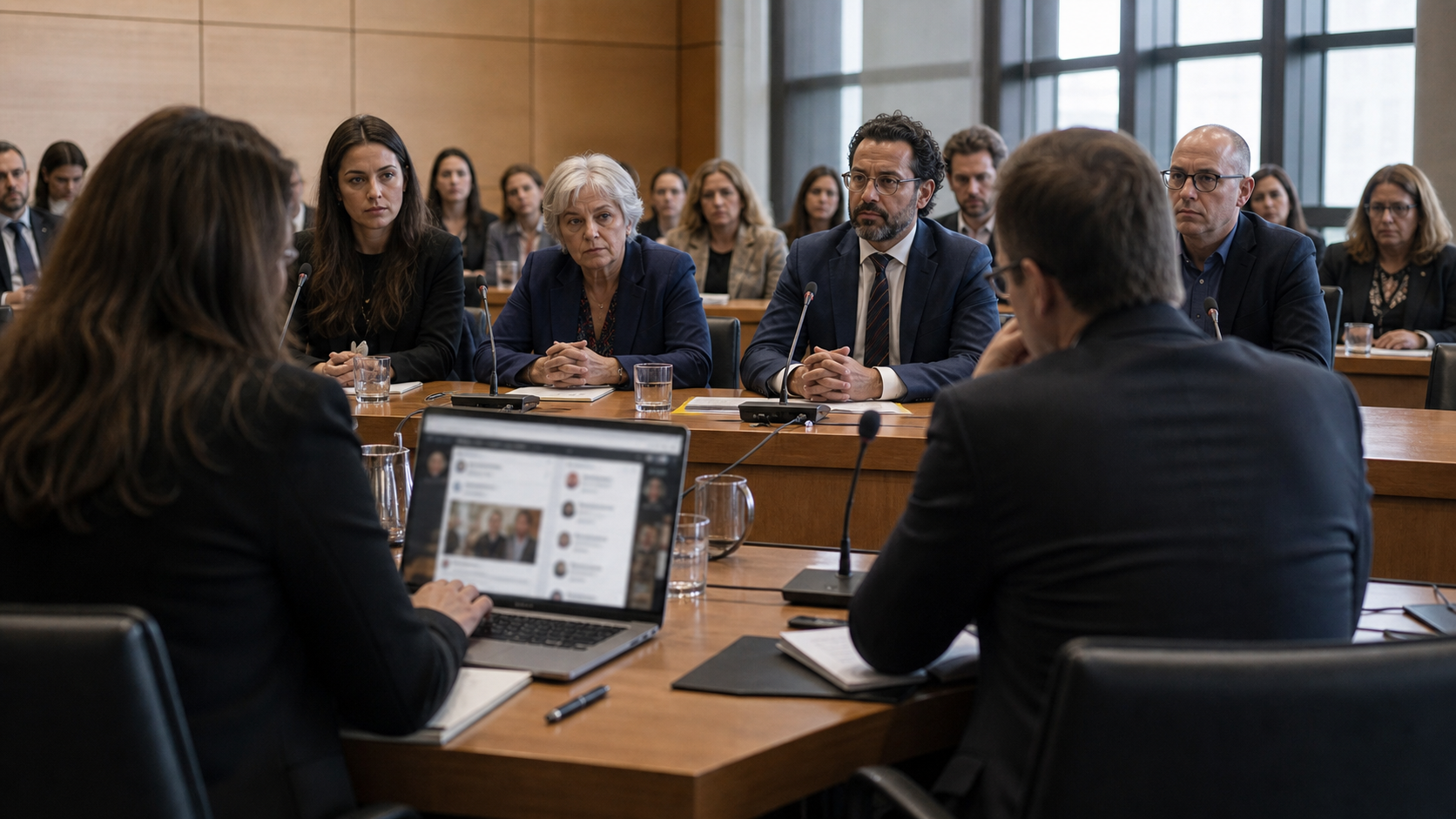 Civic hearing room with laptops and microphones during a platform accountability discussion