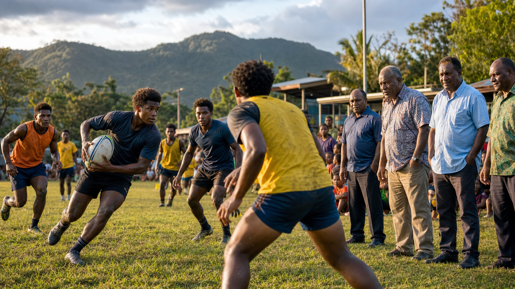 Pacific rugby league training field with community leaders watching players
