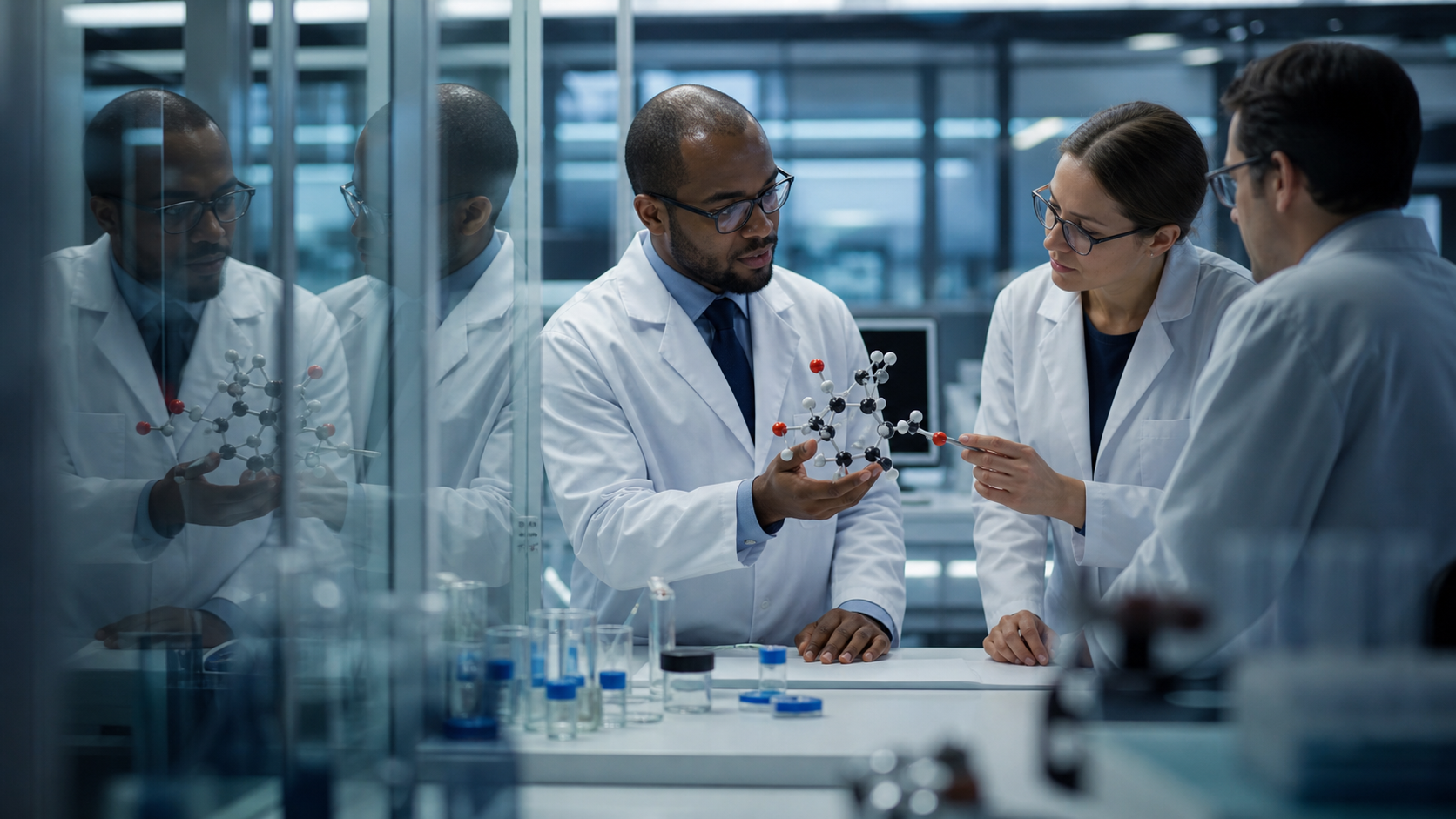 Scientists discussing a mirrored molecular model in a modern laboratory