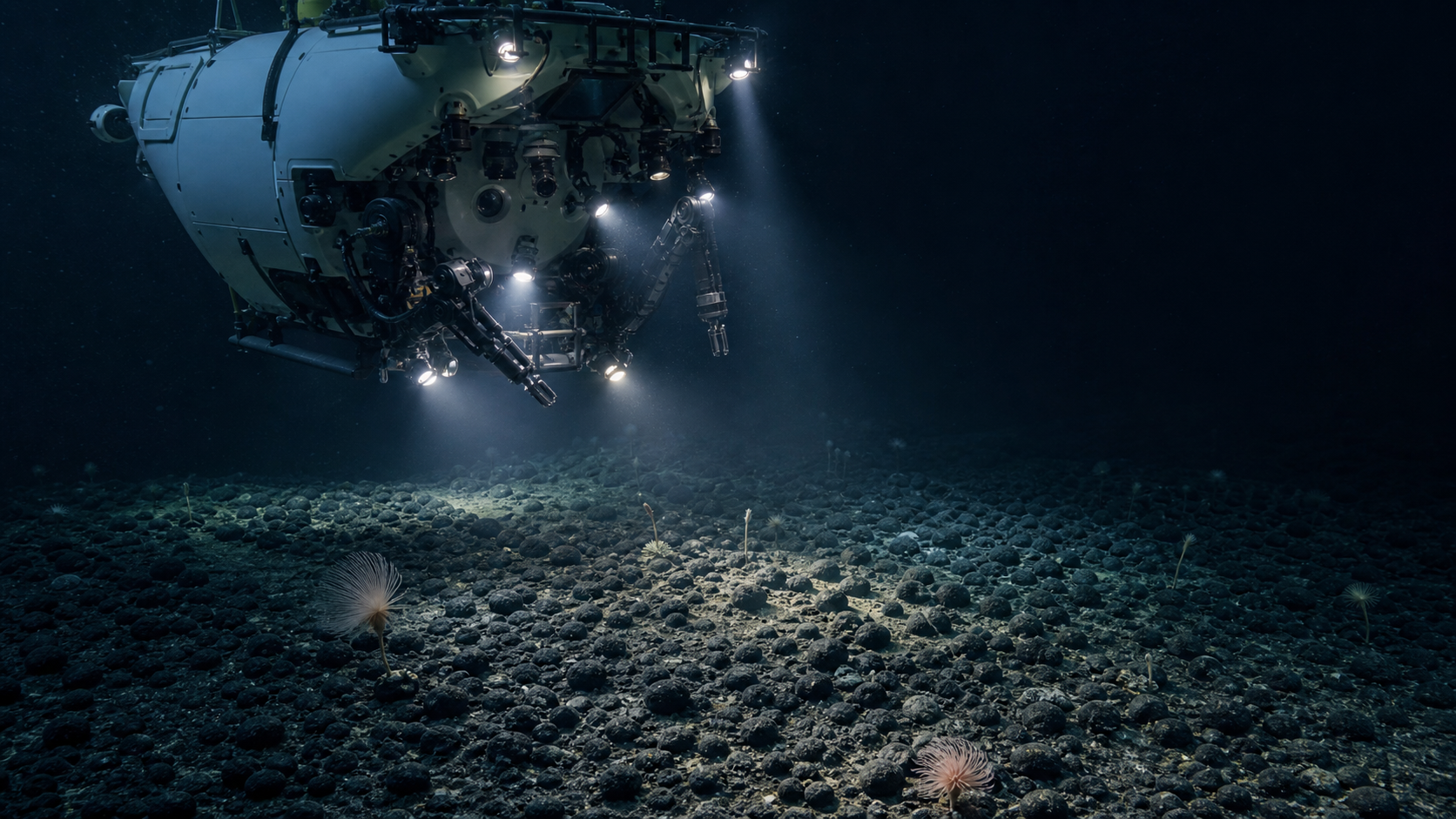 Scientific submersible surveying polymetallic nodules and delicate life on the abyssal seafloor