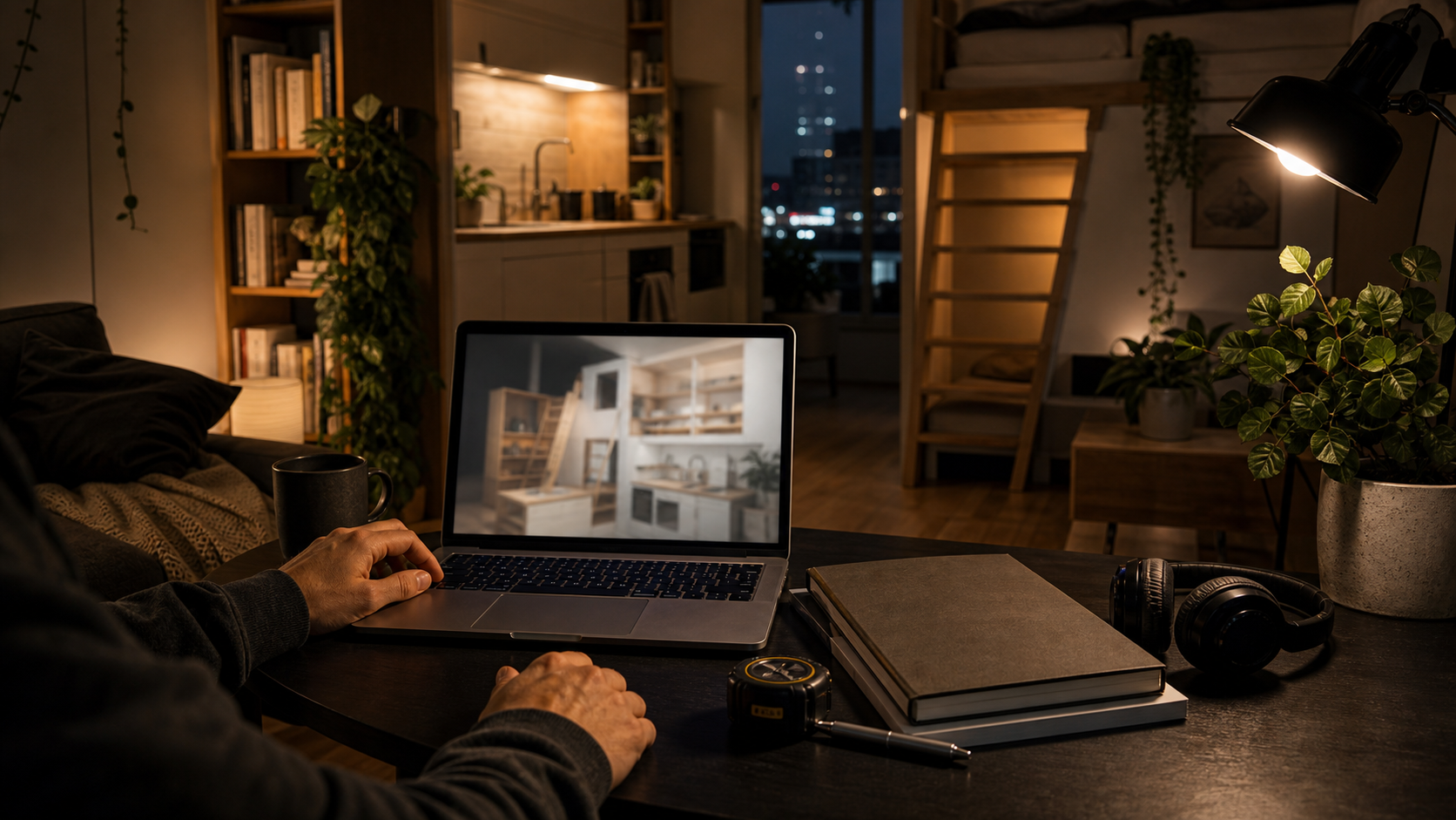 A viewer watches a small-space architecture video in a compact apartment