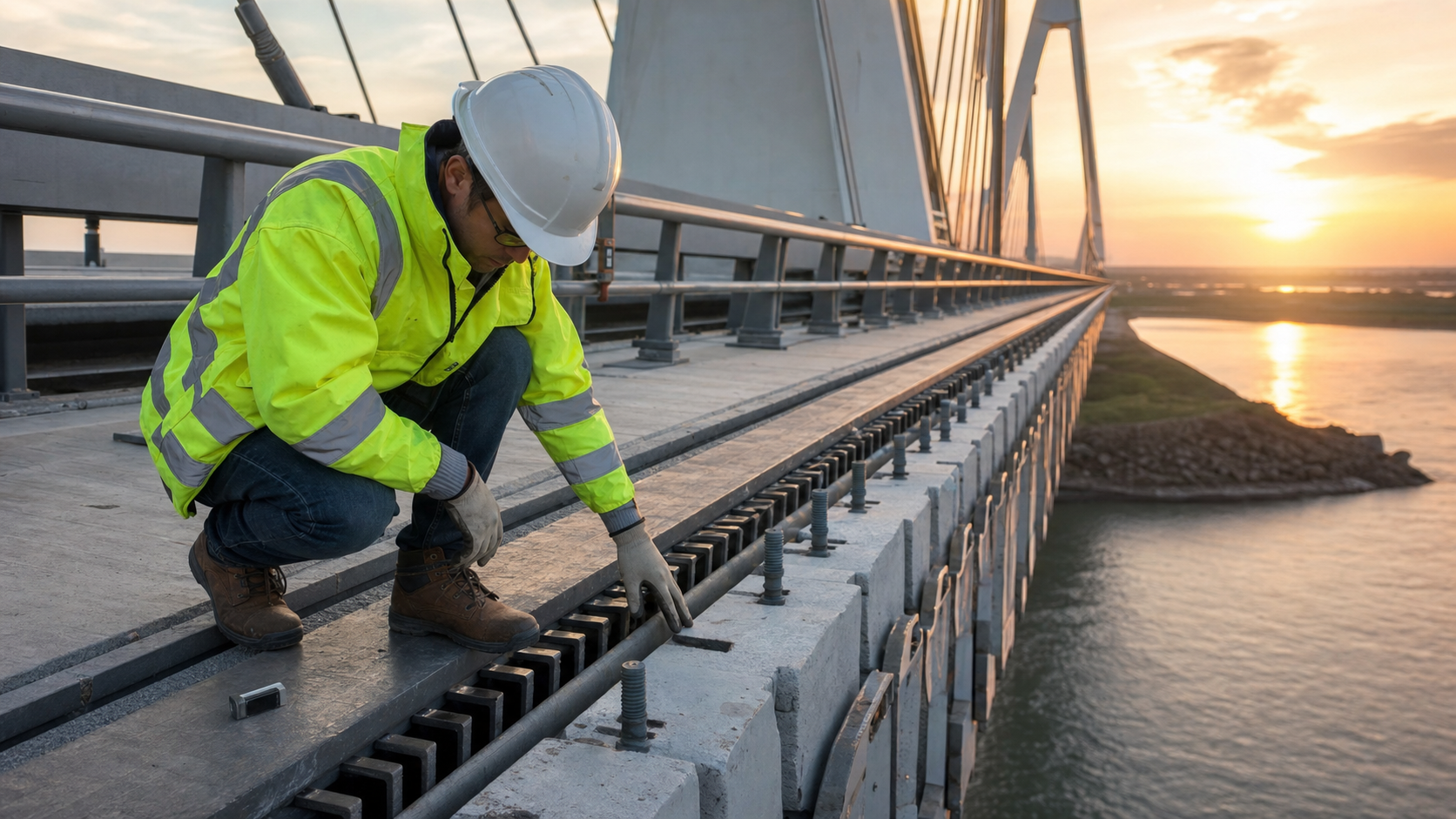 Civil engineer inspecting a bridge expansion joint at sunrise