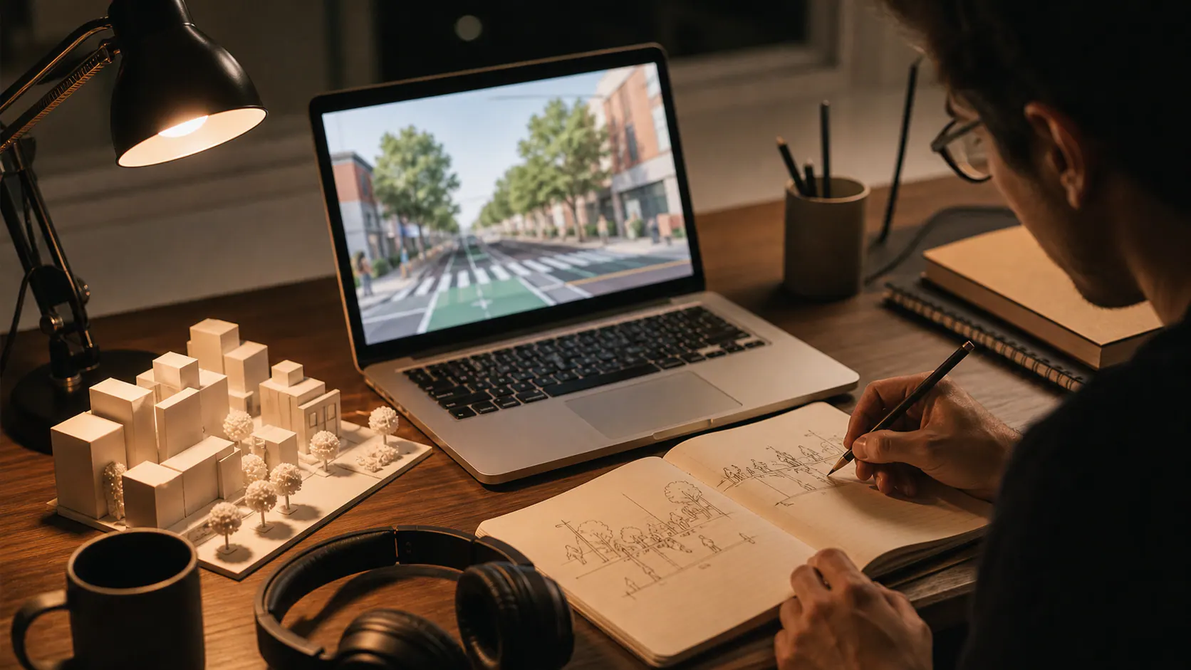 Person taking notes while watching blurred street design footage on a laptop