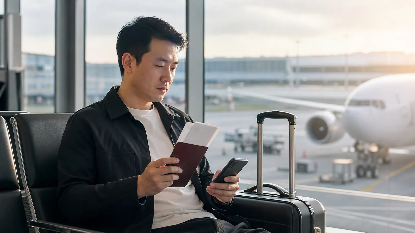 亚洲旅客在奥克兰国际机场候机区查看转机文件