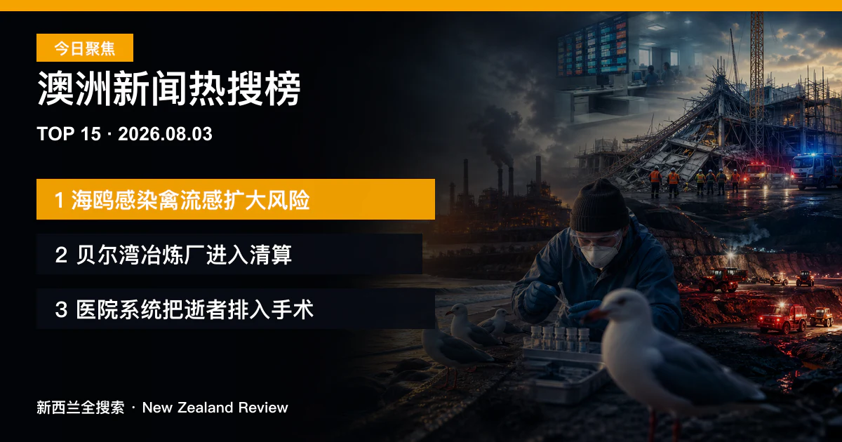 澳洲新闻热搜榜TOP15｜2026年8月3日｜海鸥感染禽流感扩大风险、贝尔湾冶炼厂进入清算、医院系统把逝者排入手术 正式新闻封面图