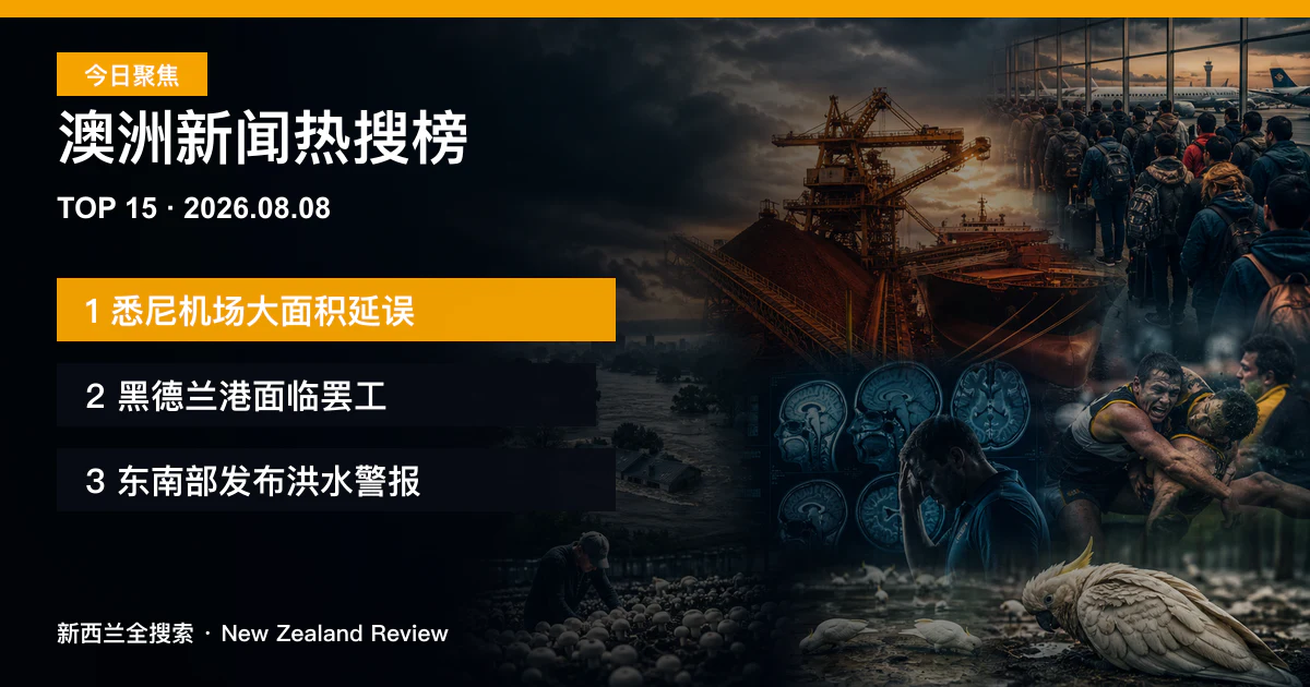 澳洲新闻热搜榜TOP15｜2026年8月8日｜悉尼机场逾150航班受影响、黑德兰港面临48小时罢工、东南部十地发布洪水警报