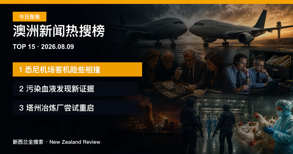 澳洲新闻热搜榜TOP15｜2026年8月9日｜悉尼机场两架客机险些相撞、污染血液丑闻发现新证据、塔州锰冶炼厂出现重启方案 正式新闻封面图