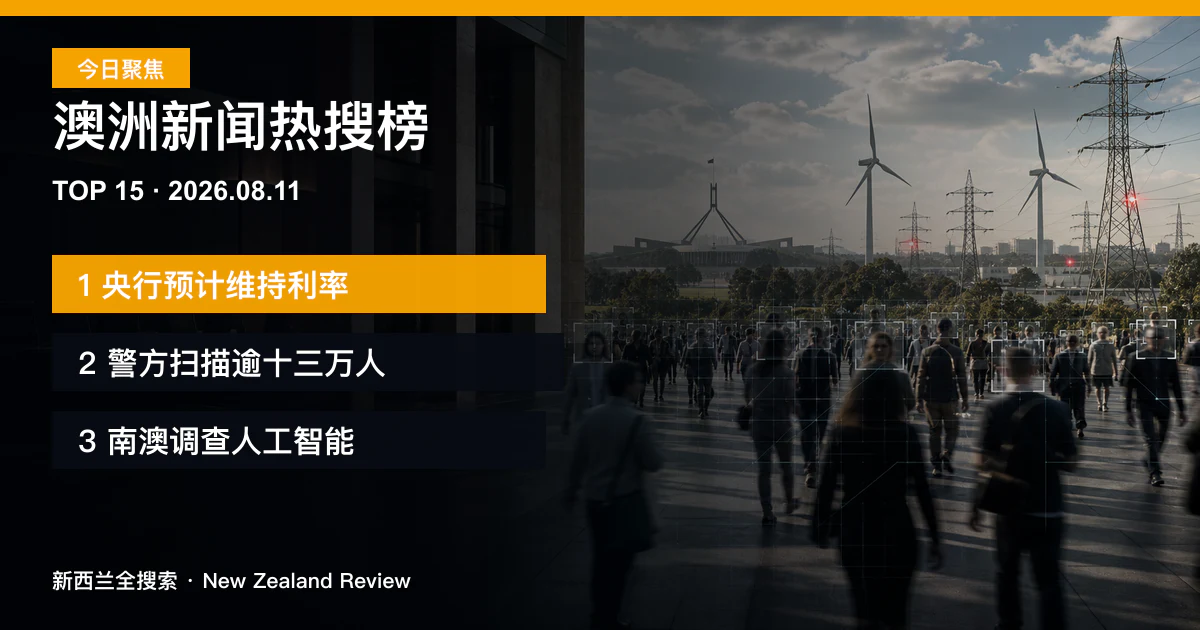 澳洲新闻热搜榜TOP15｜2026年8月11日｜澳洲央行预计维持利率不变、警方已扫描超过十三万张人脸、南澳启动人工智能皇家调查 正式新闻封面图