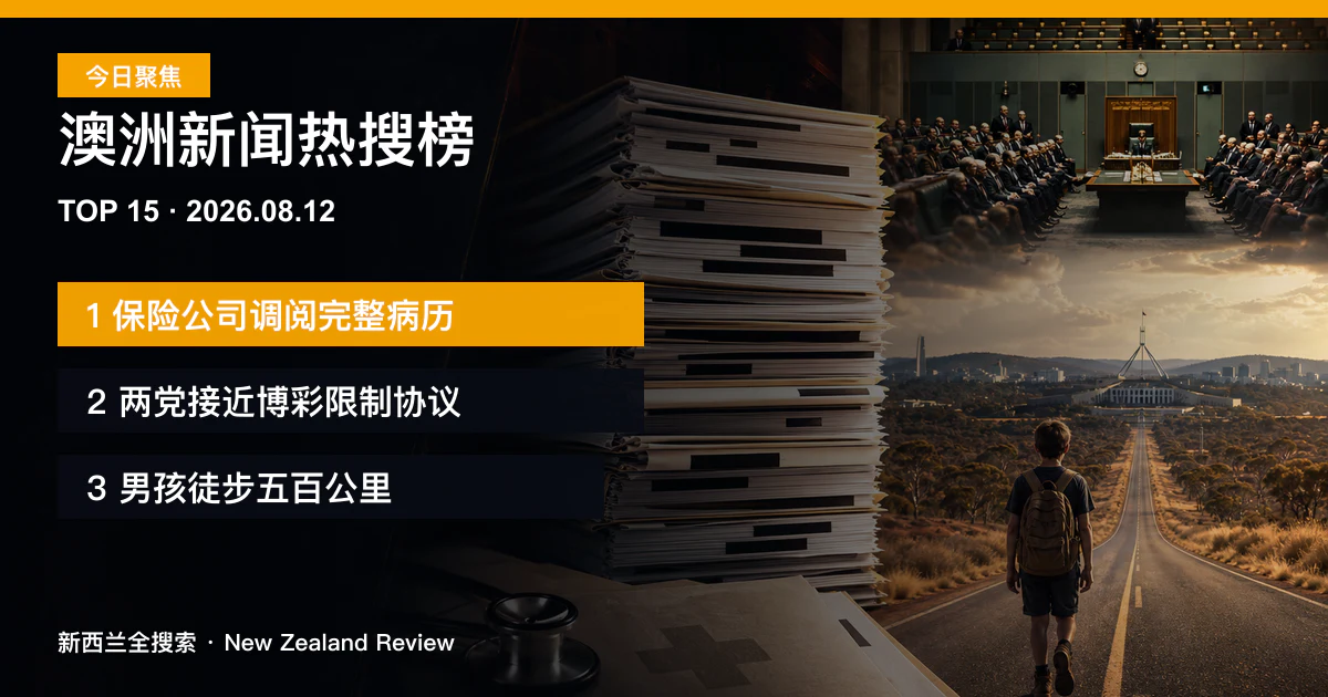 澳洲新闻热搜榜TOP15｜2026年8月12日｜保险公司调阅完整病历引争议、两党接近达成博彩限制协议、十二岁男孩徒步五百公里争取儿科资源 正式新闻封面图