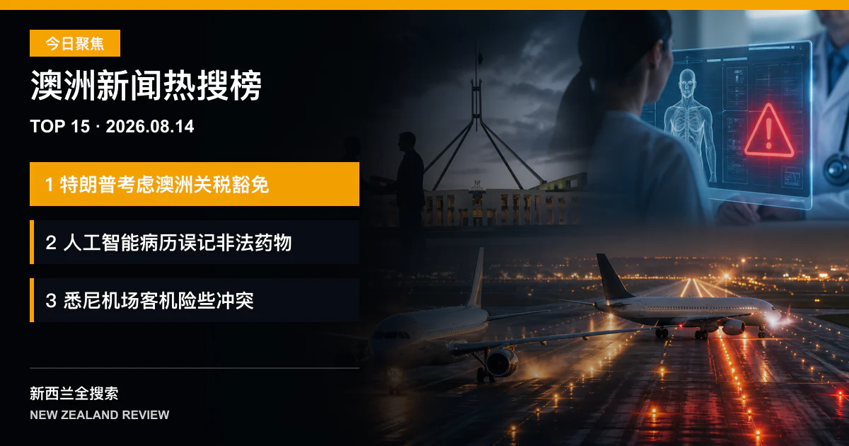 澳洲新闻热搜榜TOP15｜2026年8月14日｜特朗普考虑澳洲关税豁免、人工智能病历误记非法药物、悉尼机场两架客机险些冲突 正式新闻封面图