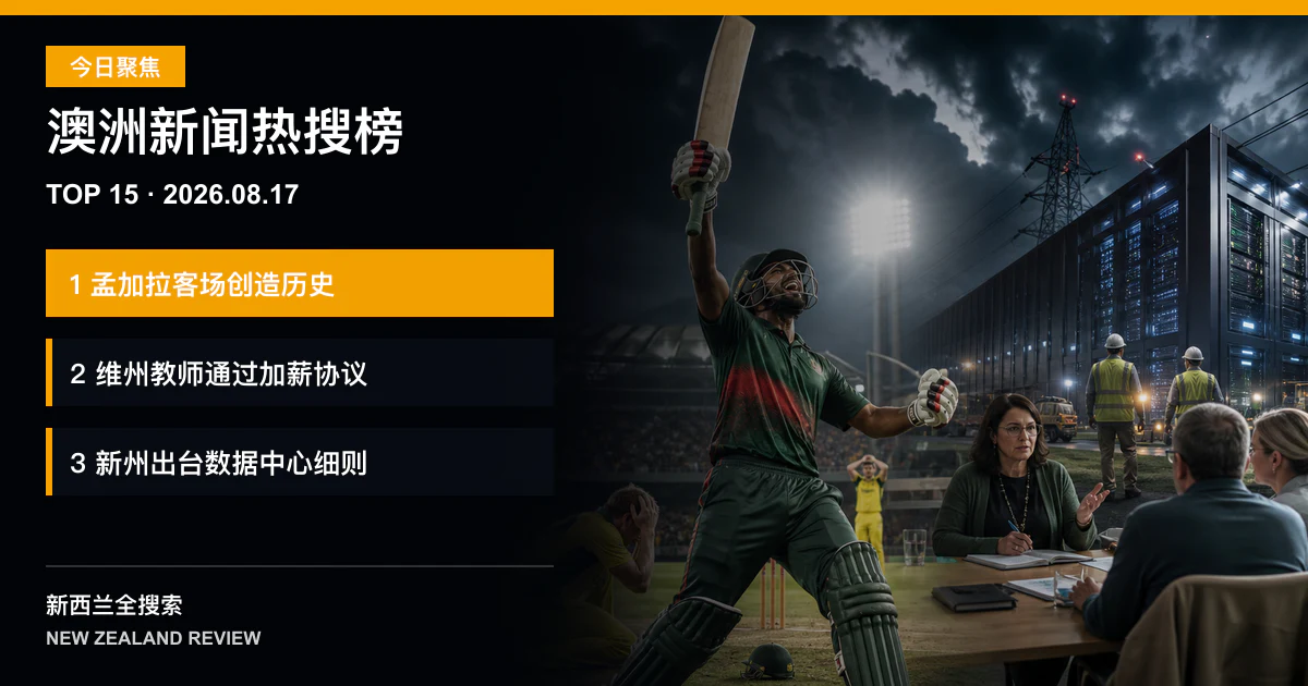 澳洲新闻热搜榜TOP15｜2026年8月17日｜孟加拉九个门柱击败澳洲创造历史、维州教师通过四年大幅加薪协议、新州出台全国首套数据中心细则 正式新闻封面图