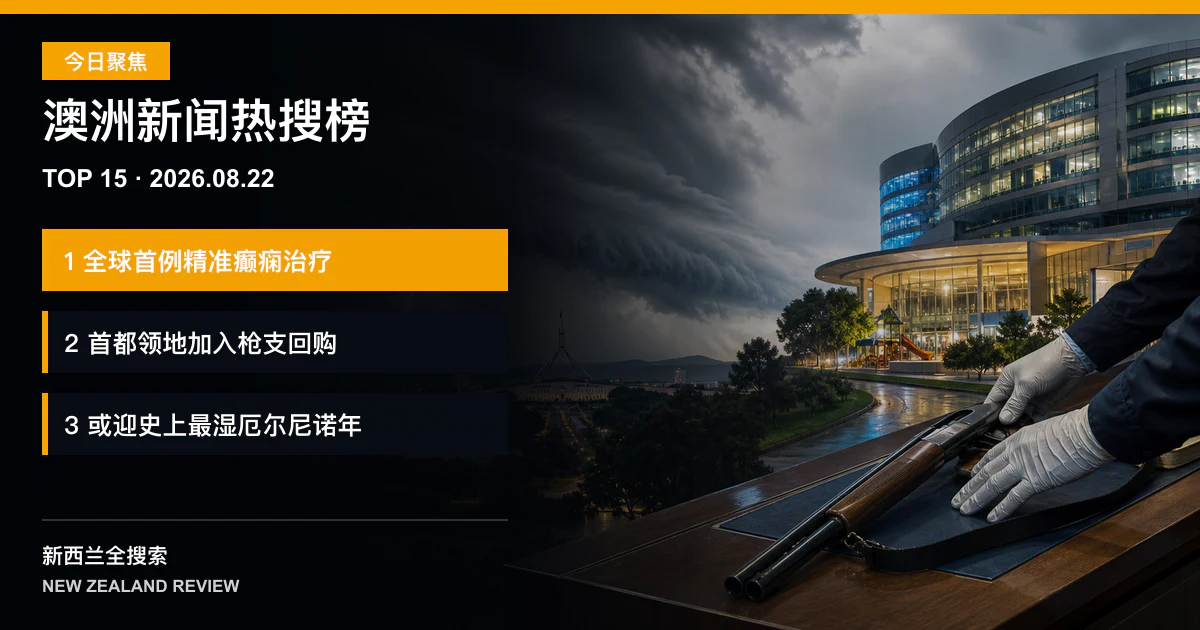 澳洲新闻热搜榜TOP15｜2026年8月22日｜澳洲婴儿接受全球首例精准癫痫治疗、首都领地加入枪支回购、澳洲或迎史上最湿厄尔尼诺年 正式新闻封面图