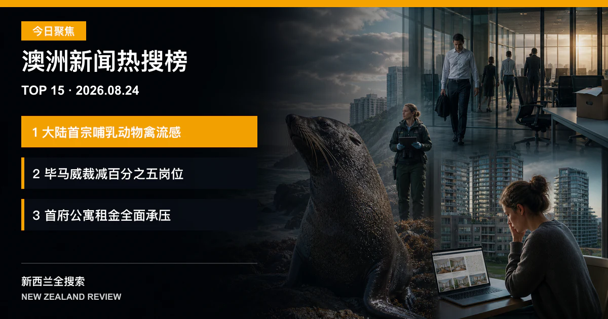 澳洲新闻热搜榜TOP15｜2026年8月24日｜禽流感首次造成澳洲大陆哺乳动物死亡、毕马威澳洲计划裁减约百分之五岗位、所有首府城市公寓租金超过单身工薪族收入一半 正式新闻封面图