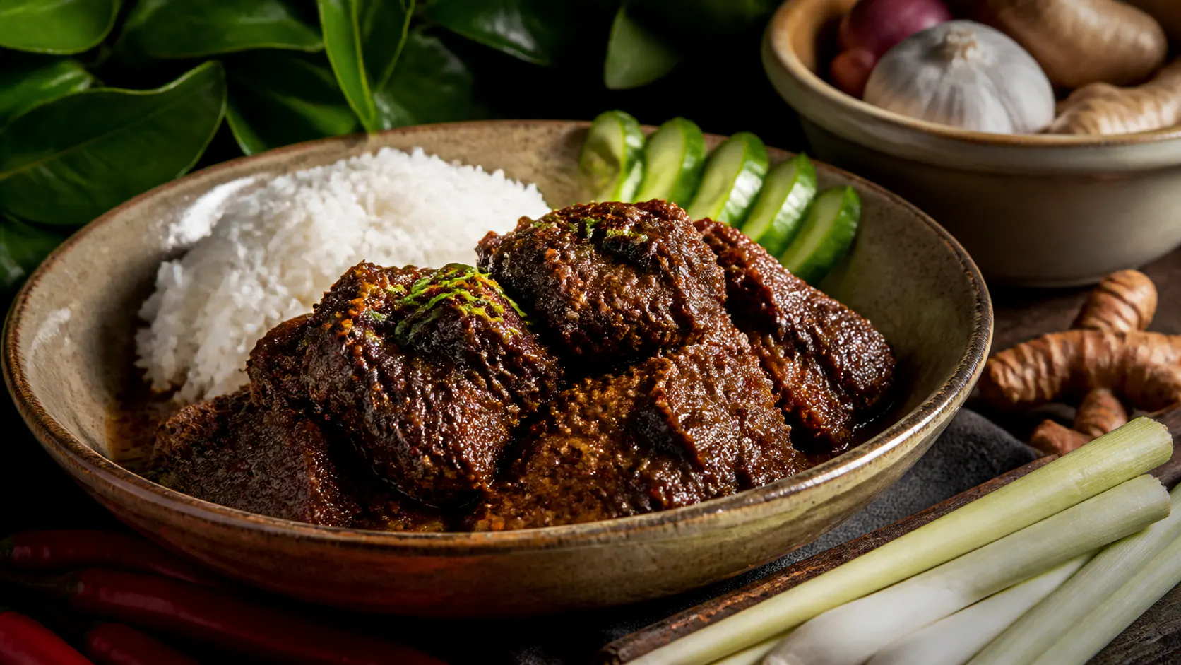 深色浓郁的仁当牛肉盛在陶瓷盘中，旁边有米饭和香料