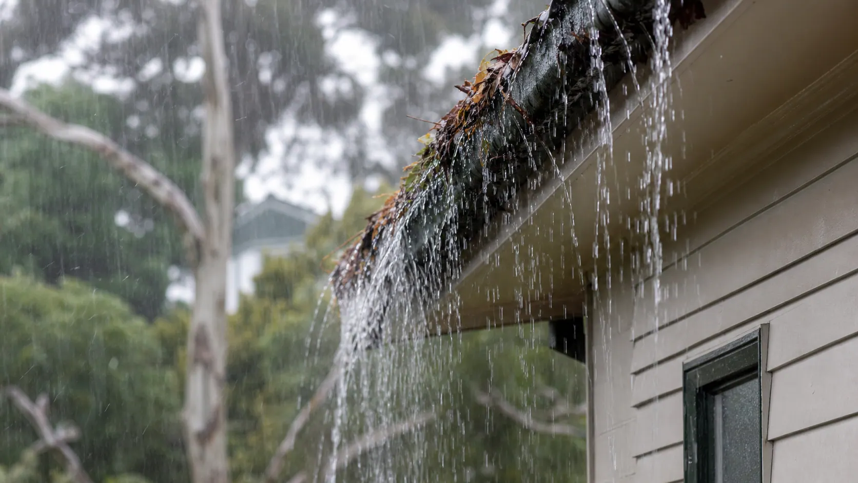 大雨时屋檐像瀑布：堵住的排水沟正在把水推回房子