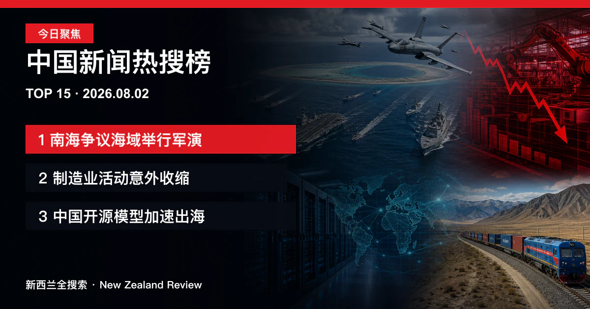 中国新闻热搜榜TOP15｜2026年8月2日｜南海争议海域举行军演、制造业活动意外收缩、中国开源模型加速出海 正式新闻封面图