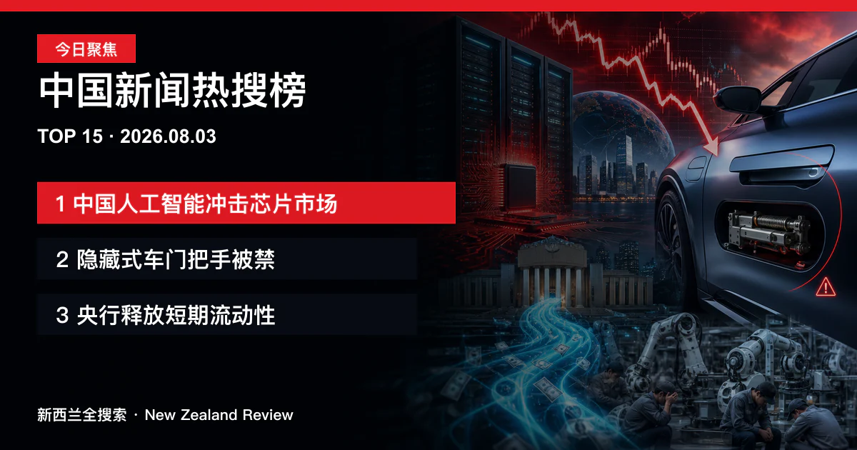 中国新闻热搜榜TOP15｜2026年8月3日｜中国人工智能冲击芯片市场、隐藏式车门把手被禁、央行释放短期流动性 正式新闻封面图